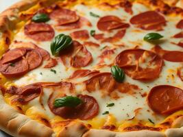 un Pizza con queso y pepperoni en un de madera tablero ai generado foto