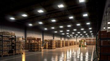 Generative AI, Warehouse interior with  LED lighting, industry building, distribution retail center, part of storage and shipping system. photo