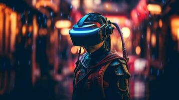 generativo ai, hermosa asiático persona en samurai traje en vr lentes en neón espacio calle, virtual realidad auriculares en ciberespacio foto