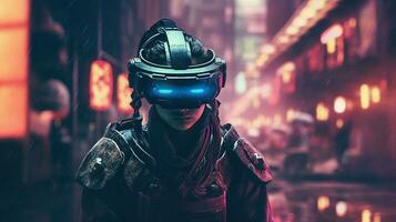 generativo ai, hermosa asiático persona en samurai traje en vr lentes en neón espacio calle, virtual realidad auriculares en ciberespacio foto