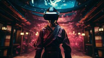 Generative AI, beautiful asian person in samurai suit in VR glasses in neon space street, virtual reality headset in cyberspace photo