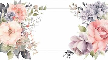 Generative AI, Watercolor frame with spring pastel color flowers, hand drawn art style with place for text. Greeting, birthday and other holiday, wedding invitation concept photo