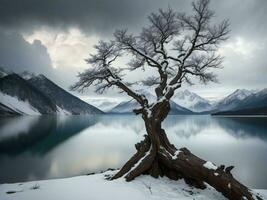 a lone tree stands on the shore of a lake with mountains in the background ai generated photo