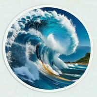 a large wave crashing into the ocean in a circular sticker ai generated photo