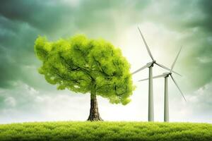 generativo ai, viento turbinas en un campo, verde granja paisaje. ambientalmente Respetuoso del medio ambiente poder generación. renovable energía fuente. foto