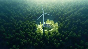 generativo ai, viento turbinas en un campo, verde granja paisaje. ambientalmente Respetuoso del medio ambiente poder generación. renovable energía fuente. foto