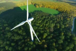 Generative AI, wind turbines in a field, green farm landscape. Environmentally eco-friendly power generation. Renewable energy source. photo