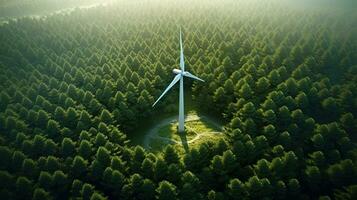 Generative AI, wind turbines in a field, green farm landscape. Environmentally eco-friendly power generation. Renewable energy source. photo