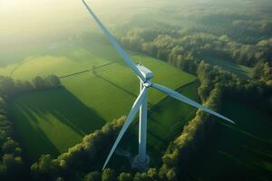 Generative AI, wind turbines in a field, green farm landscape. Environmentally eco-friendly power generation. Renewable energy source. photo