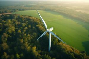 Generative AI, wind turbines in a field, green farm landscape. Environmentally eco-friendly power generation. Renewable energy source. photo