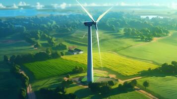 Generative AI, wind turbines in a field, green farm landscape. Environmentally eco-friendly power generation. Renewable energy source. photo