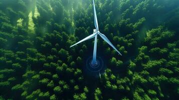 Generative AI, wind turbines in a field, green farm landscape. Environmentally eco-friendly power generation. Renewable energy source. photo