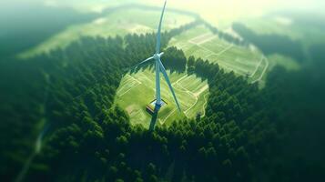 Generative AI, wind turbines in a field, green farm landscape. Environmentally eco-friendly power generation. Renewable energy source. photo