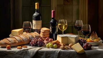 Generative AI, wine still life with grapes, rosemary, prosciutto, blue cheese, figs, bread. photo