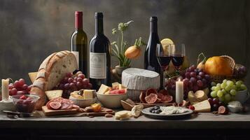 Generative AI, wine still life with grapes, rosemary, prosciutto, blue cheese, figs, bread. photo