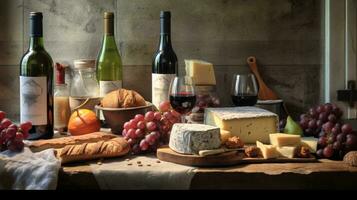 Generative AI, wine still life with grapes, rosemary, prosciutto, blue cheese, figs, bread. photo