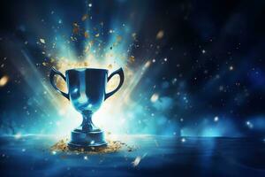 Generative AI, Winner trophy with flames, blue golden champion cup with falling confetti on blue background. photo