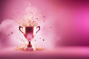 Generative AI, Winner trophy with flames, pink golden champion cup with falling confetti on pink background photo