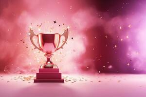 Generative AI, Winner trophy with flames, pink golden champion cup with falling confetti on pink background photo