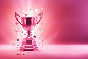 Generative AI, Winner trophy with flames, pink golden champion cup with falling confetti on pink background photo