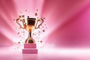 Generative AI, Winner trophy with flames, pink golden champion cup with falling confetti on pink background photo