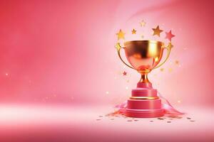 generativo ai, ganador trofeo con llamas, rosado dorado campeón taza con que cae papel picado en rosado antecedentes foto