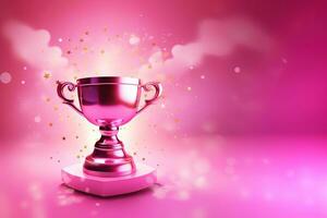 generativo ai, ganador trofeo con llamas, rosado dorado campeón taza con que cae papel picado en rosado antecedentes foto