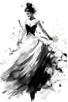 Generative AI, Beautiful dancing woman drawn by black ink or watercolor. Hand paint black and white fashion sketch. photo