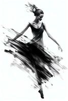 Generative AI, Beautiful dancing woman drawn by black ink or watercolor. Hand paint black and white fashion sketch. photo