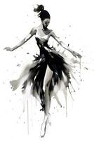 Generative AI, Beautiful dancing woman drawn by black ink or watercolor. Hand paint black and white fashion sketch. photo