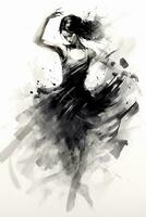 Generative AI, Beautiful dancing woman drawn by black ink or watercolor. Hand paint black and white fashion sketch. photo