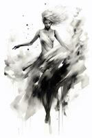 Generative AI, Beautiful dancing woman drawn by black ink or watercolor. Hand paint black and white fashion sketch. photo