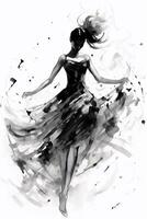 Generative AI, Beautiful dancing woman drawn by black ink or watercolor. Hand paint black and white fashion sketch. photo