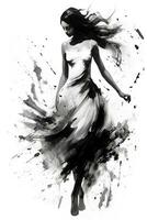 Generative AI, Beautiful dancing woman drawn by black ink or watercolor. Hand paint black and white fashion sketch. photo