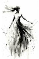 Generative AI, Beautiful dancing woman drawn by black ink or watercolor. Hand paint black and white fashion sketch. photo