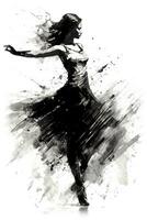 Generative AI, Beautiful dancing woman drawn by black ink or watercolor. Hand paint black and white fashion sketch. photo