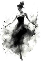 Generative AI, Beautiful dancing woman drawn by black ink or watercolor. Hand paint black and white fashion sketch. photo