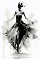 Generative AI, Beautiful dancing woman drawn by black ink or watercolor. Hand paint black and white fashion sketch. photo