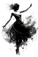 Generative AI, Beautiful dancing woman drawn by black ink or watercolor. Hand paint black and white fashion sketch. photo