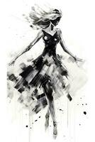 Generative AI, Beautiful dancing woman drawn by black ink or watercolor. Hand paint black and white fashion sketch. photo