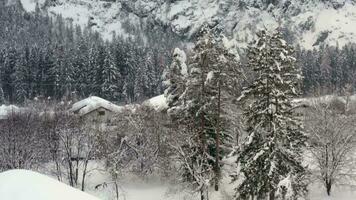 a snowy mountain view with trees and houses video