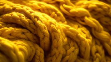 Generative AI, knitted yellow sweater texture closeup, yellow or light orange abstract background, mustard-colored backdrop photo