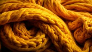 Generative AI, knitted yellow sweater texture closeup, yellow or light orange abstract background, mustard-colored backdrop photo