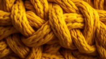 generativo ai, de punto amarillo suéter textura de cerca, amarillo o ligero naranja resumen fondo, color mostaza fondo foto