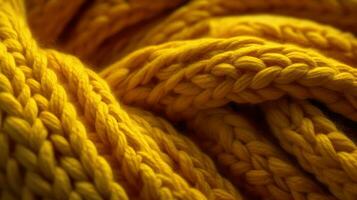 generativo ai, de punto amarillo suéter textura de cerca, amarillo o ligero naranja resumen fondo, color mostaza fondo foto