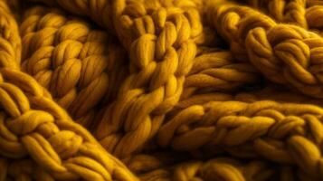 Generative AI, knitted yellow sweater texture closeup, yellow or light orange abstract background, mustard-colored backdrop photo