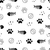 Cat toy, fooprint pattern seamless. Hand drawn sketch doodle kitty cute element on white background. Fish bone, footprint, cat toy element. Pet veterinary pattern. Vector