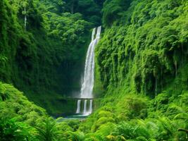 a waterfall surrounded by lush green vegetation ai generated photo
