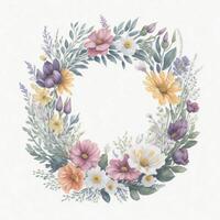 a wreath of pink and blue flowers on a white background photo