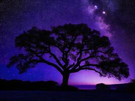 un majestuoso árbol silueta en contra un fondo de el vasto noche cielo lleno con estrellas ai generado foto